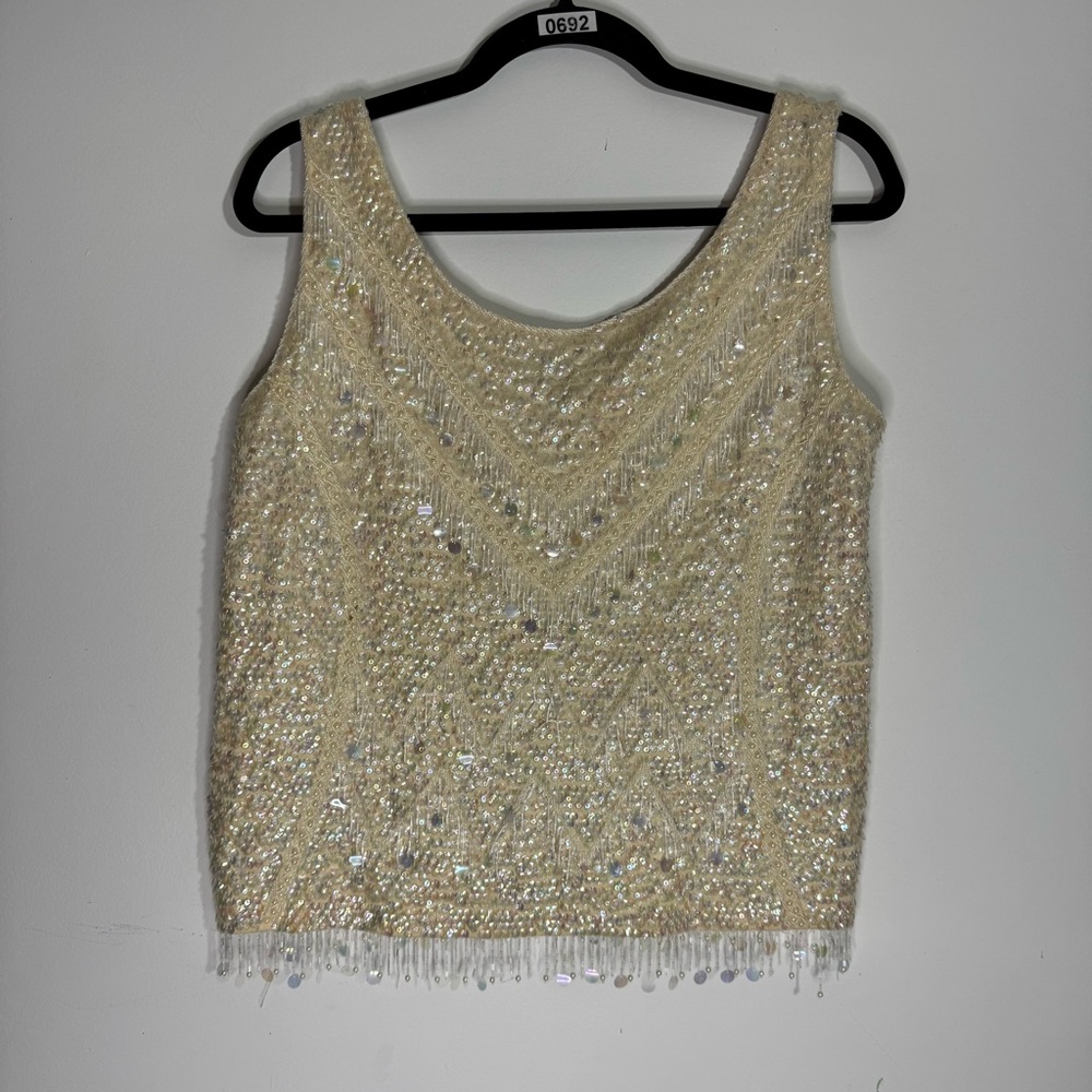 Vintage Alexander’s Hong Kong Beaded Sequin Fringe Evening Shell Top L
